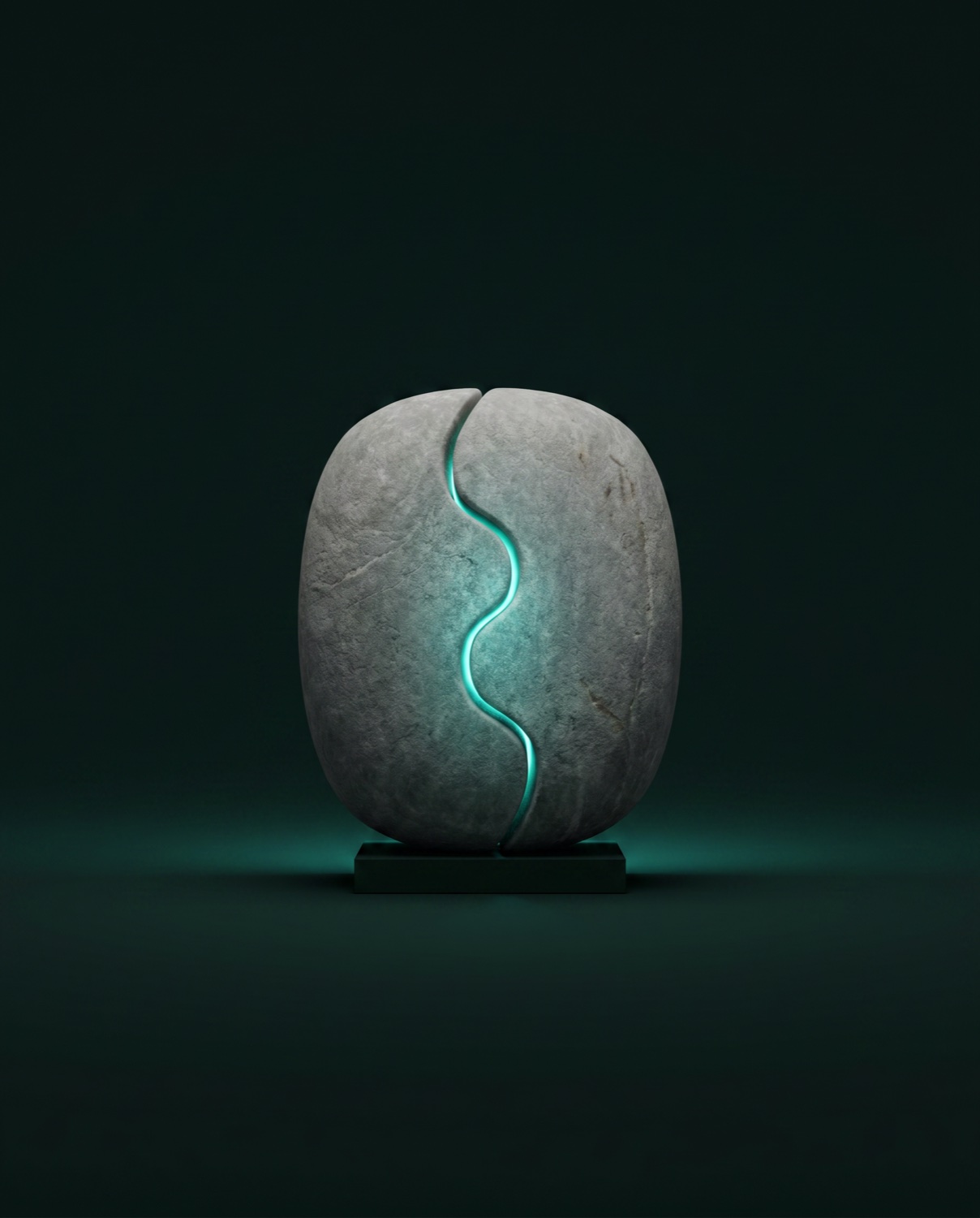 A rounded upright pebble on a dark plinth with a quiet vertical teal seam.