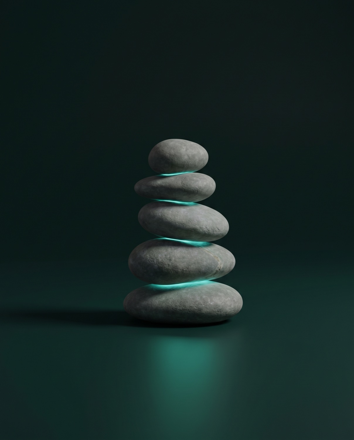 A balanced cairn of stacked flat stones, teal glowing along the contact seams