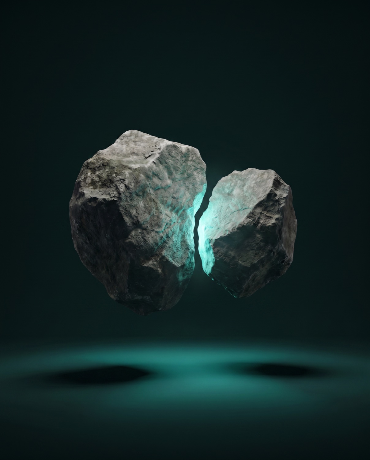 Two angular stone masses meet, teal glowing in the closing seam