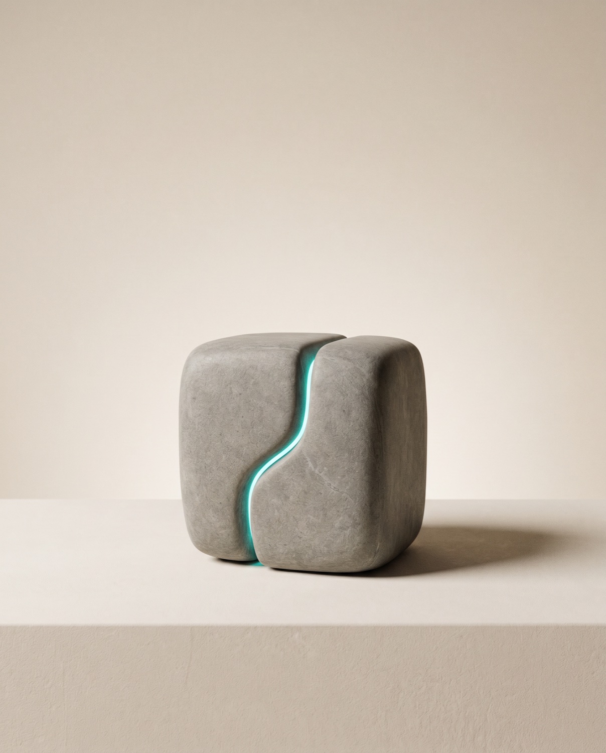 A built artefact whose seam glows a quiet teal: it is built, and it holds.