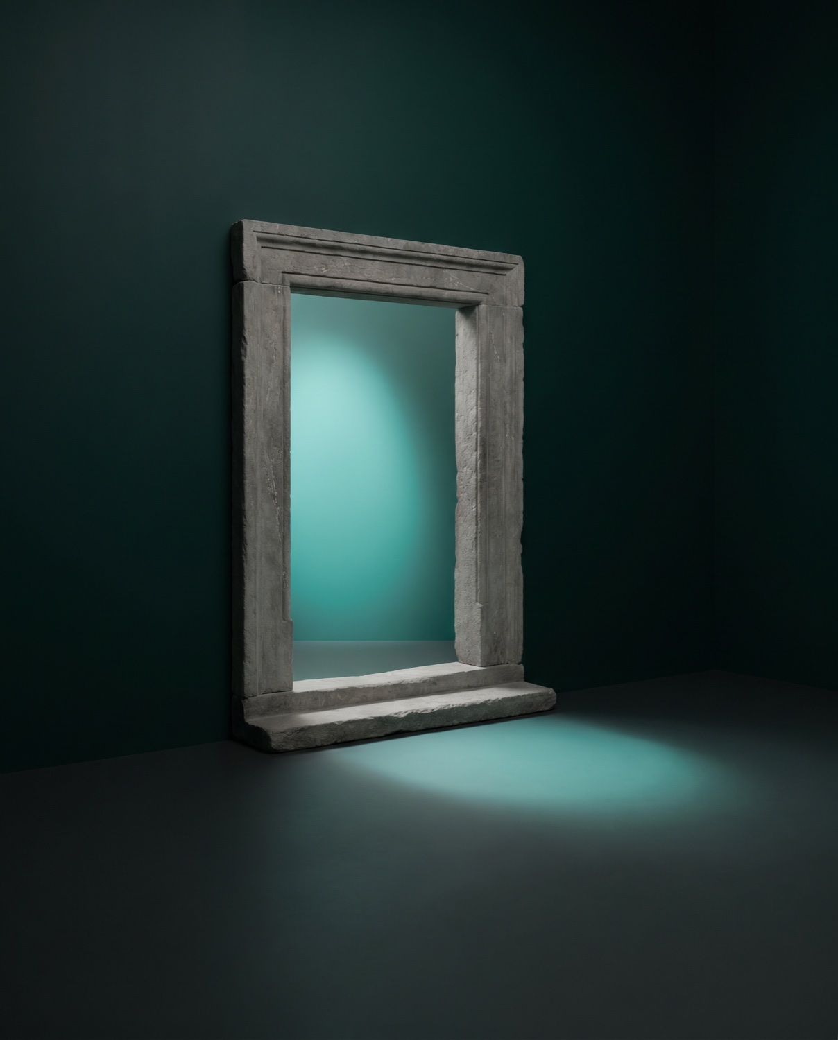Stone gate threshold in a dark green room, teal light falls through the opening