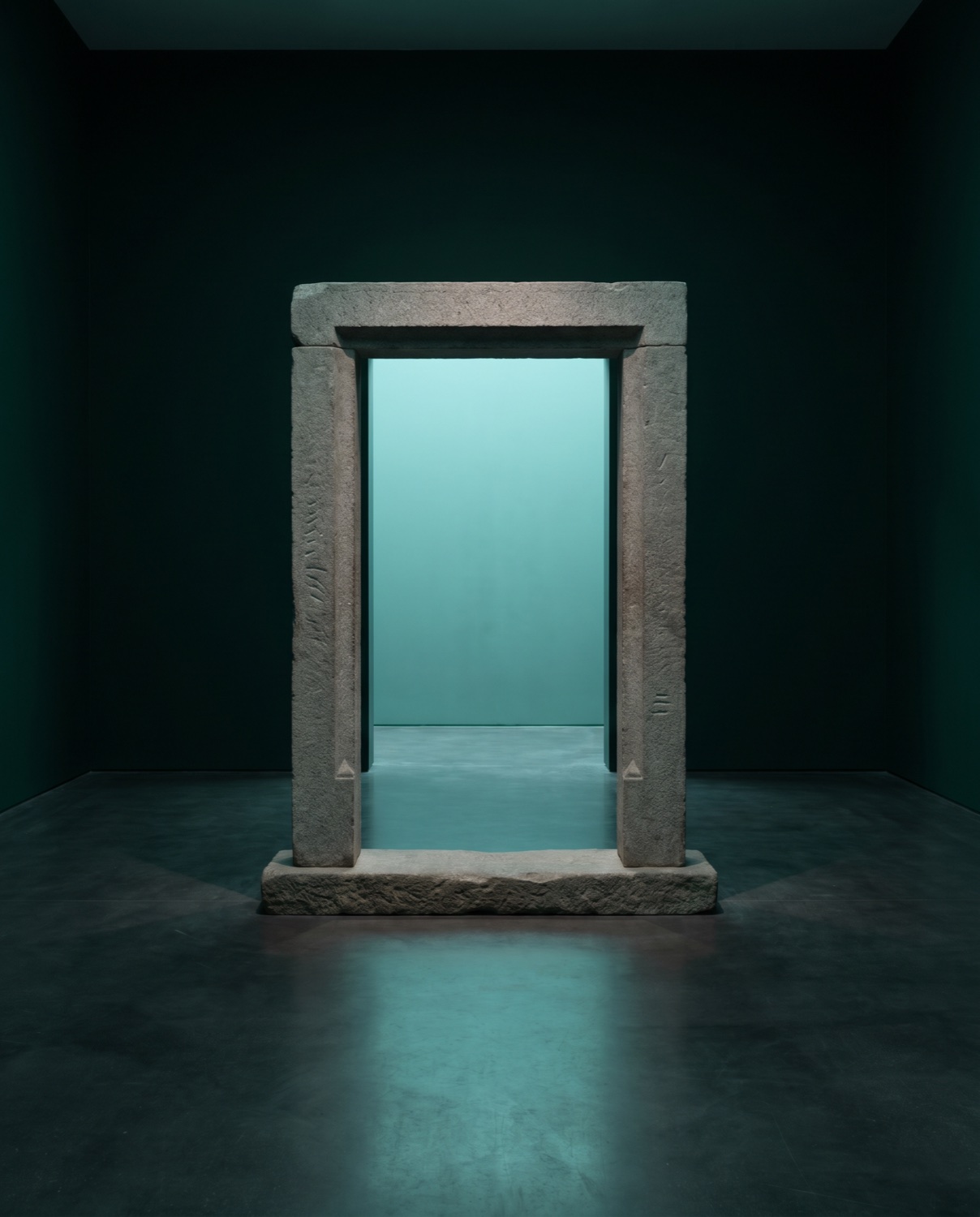 A stone gateway threshold in a deep green space, soft teal light falling through the opening.