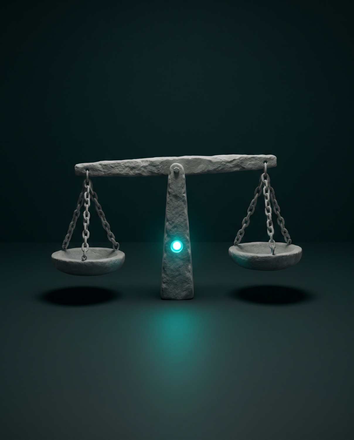 Stone scale roughly in balance, teal glow at the pivot, standing for honest judgment