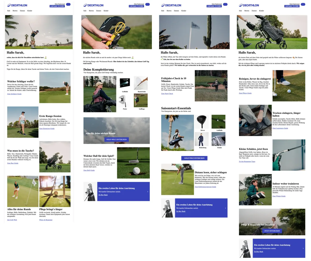 Jahresstrecke Golf: vier versandfertige Mails im Layout der Marke