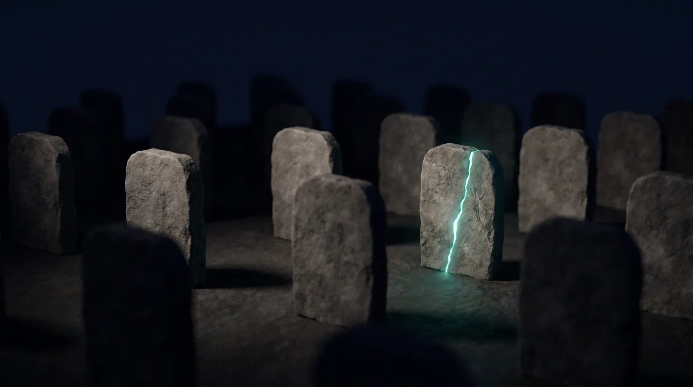 Viele Steine im Halbdunkel, ein einziger trägt eine leuchtende Naht