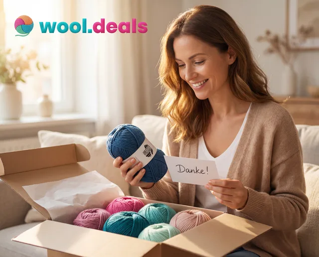 Werbemittel: geöffnetes Paket mit Wolle und Beilegekarte